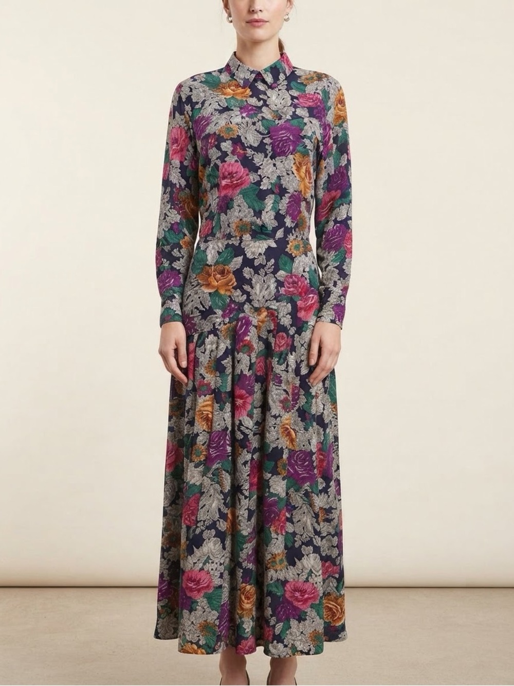 Dennis Goldsmith Vintage Floral Rayon Midi Dress Sz 4 Drop Waist Pleated